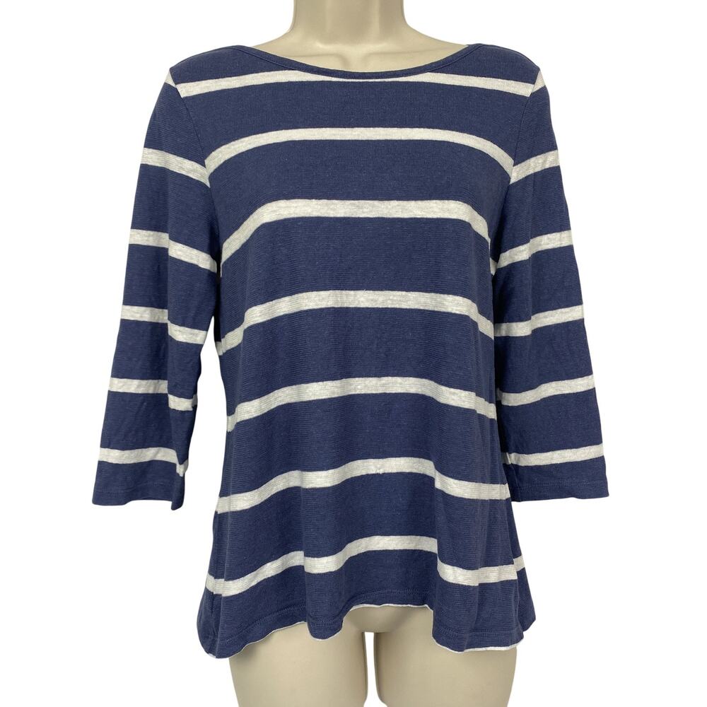 Chicos Nautical Stripe‎ Linen Blend Sweater Size 1 Medium Blue White Boat Neck